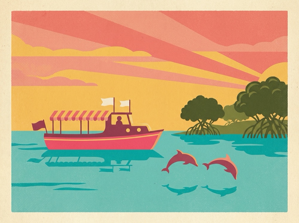 Retro postcard of a boat and leaping dolphins at sunset on the bay
