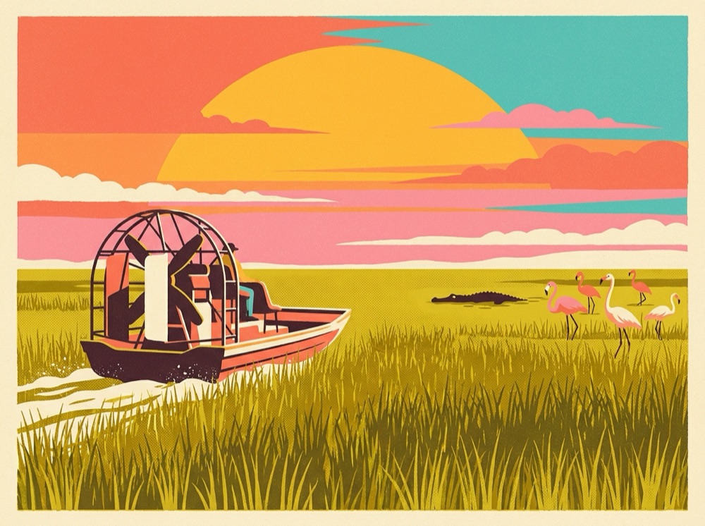 Retro postcard of an airboat gliding across the sawgrass Everglades