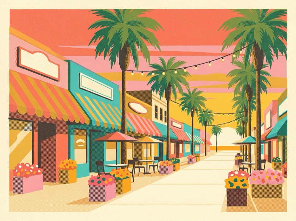 Retro postcard of a palm-lined shopping avenue with sidewalk cafes