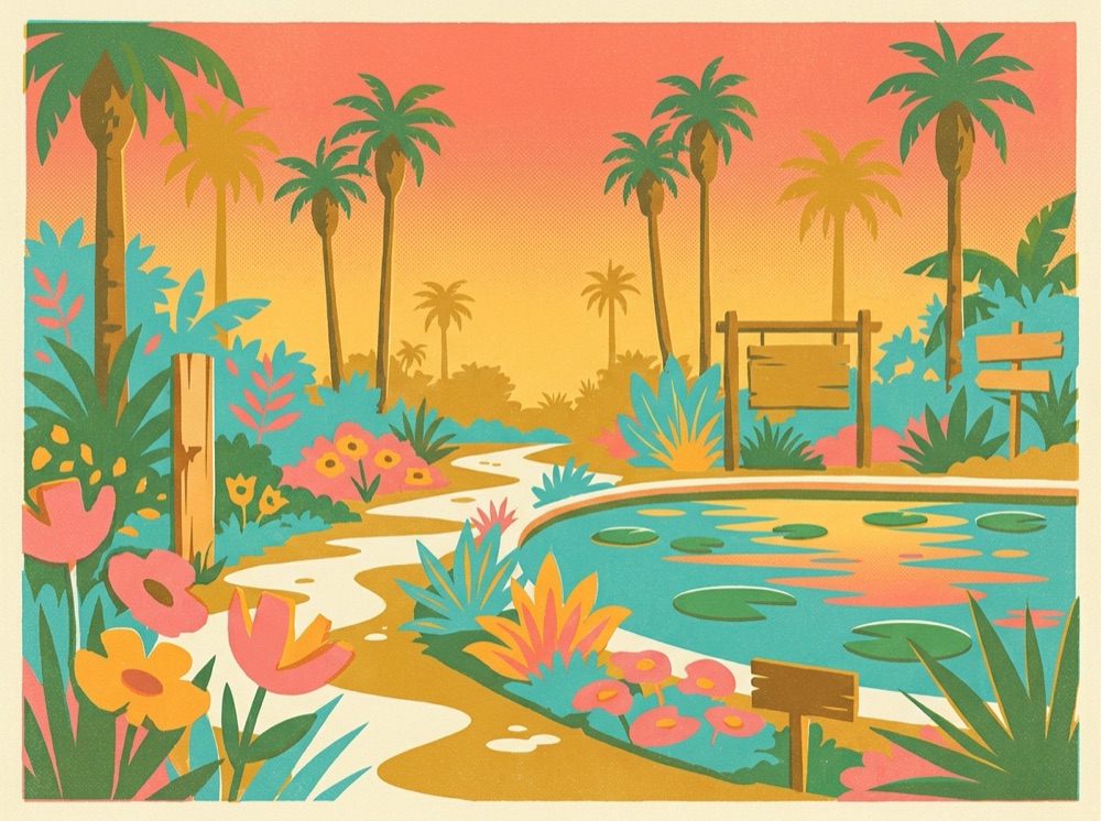 Retro postcard of a lush tropical botanical garden with palms and a lily pond