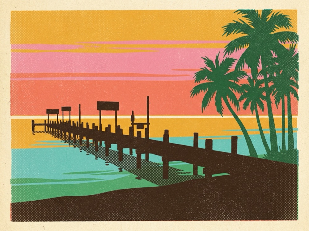 Retro postcard of a fishing pier silhouette at sunset over the Gulf