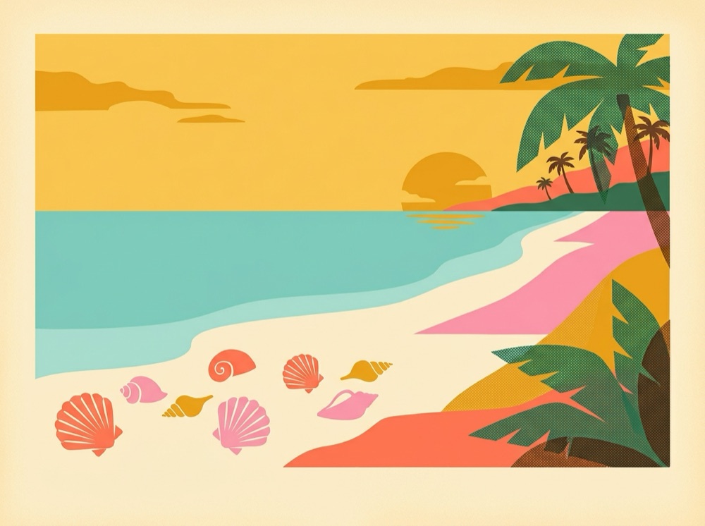 Retro postcard of seashells on white sand at low tide on a Gulf beach